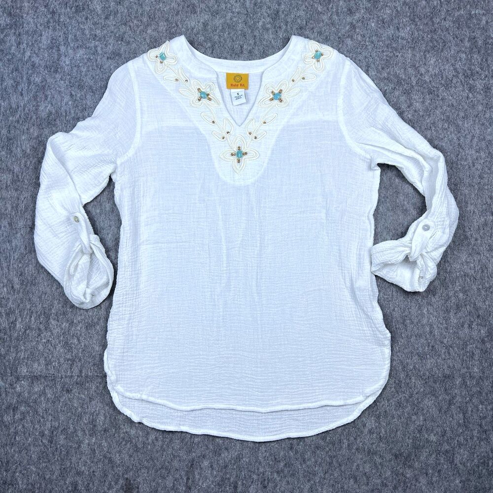 Ruby Rd Women's Blouse V-Neck White 3/4 Sleeve Boho Gauze 100% Cotton Size S
